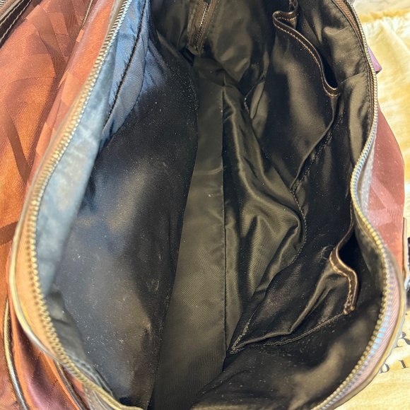 Burberry Tonal Check Burgundy Jacquard Nylon/Leather/Suede 2 zip Bowling Bag. - Picture 9 of 17